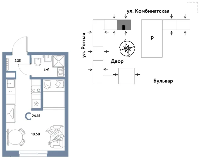 Планировка Студия, 24.15 м² ЖК «Уральский сад» Планировка Студия, 24.15 м² ЖК «Уральский сад»