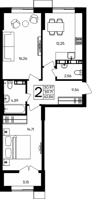 Планировка 2-комн. квартира, 62.86 м² ЖК «Семисчастье»