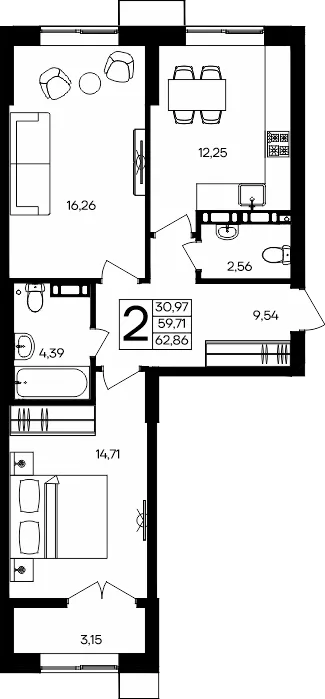 Планировка 2-комн. квартира, 62.86 м² ЖК «Семисчастье» Планировка 2-комн. квартира, 62.86 м² ЖК «Семисчастье»