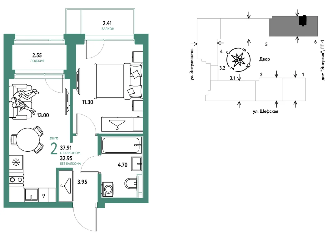 Планировка 2-комн. квартира, 37.9 м² ЖК «Страна.Энтузиастов»