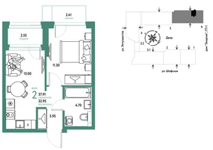Планировка 2-комн. квартира, 37.9 м² ЖК «Страна.Энтузиастов»