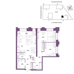 Планировка 3-комн. квартира, 83.17 м² ЖК «Микрорайон Звездный»