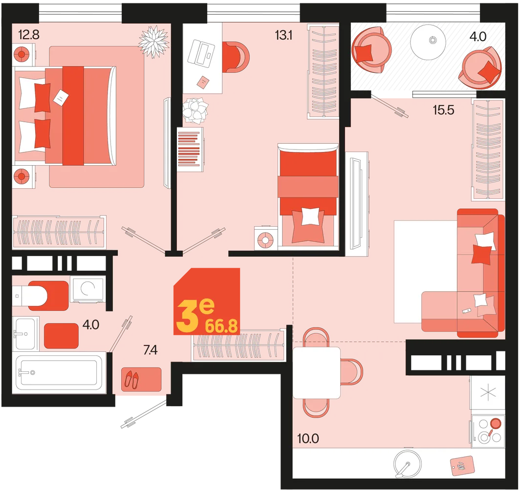 Планировка 3-комн. квартира, 66.8 м² ЖК «Первое место»