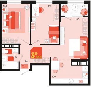 Планировка 3-комн. квартира, 66.8 м² ЖК «Первое место»