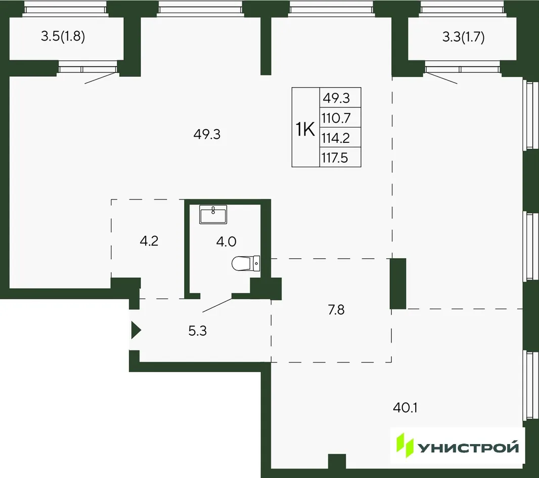 Планировка 1-комн. квартира, 114.2 м² ЖК «Парковый квартал 2.0»