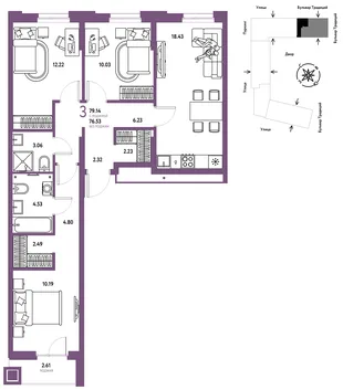 Планировка 3-комн. квартира, 79.14 м² ЖК «Микрорайон Домашний»