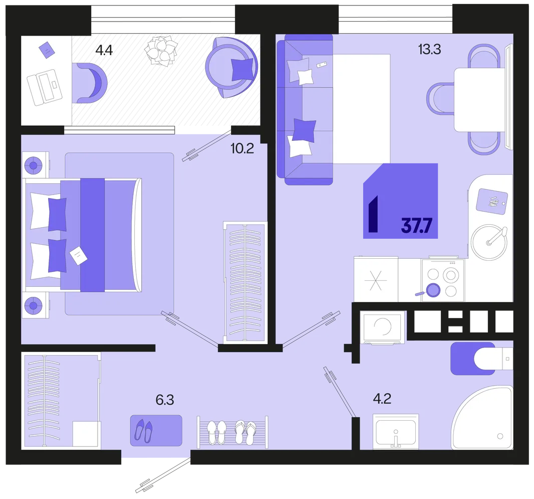 Планировка 1-комн. квартира, 37.7 м² ЖК «Первое место»