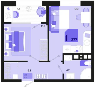 Планировка 1-комн. квартира, 37.7 м² ЖК «Первое место»
