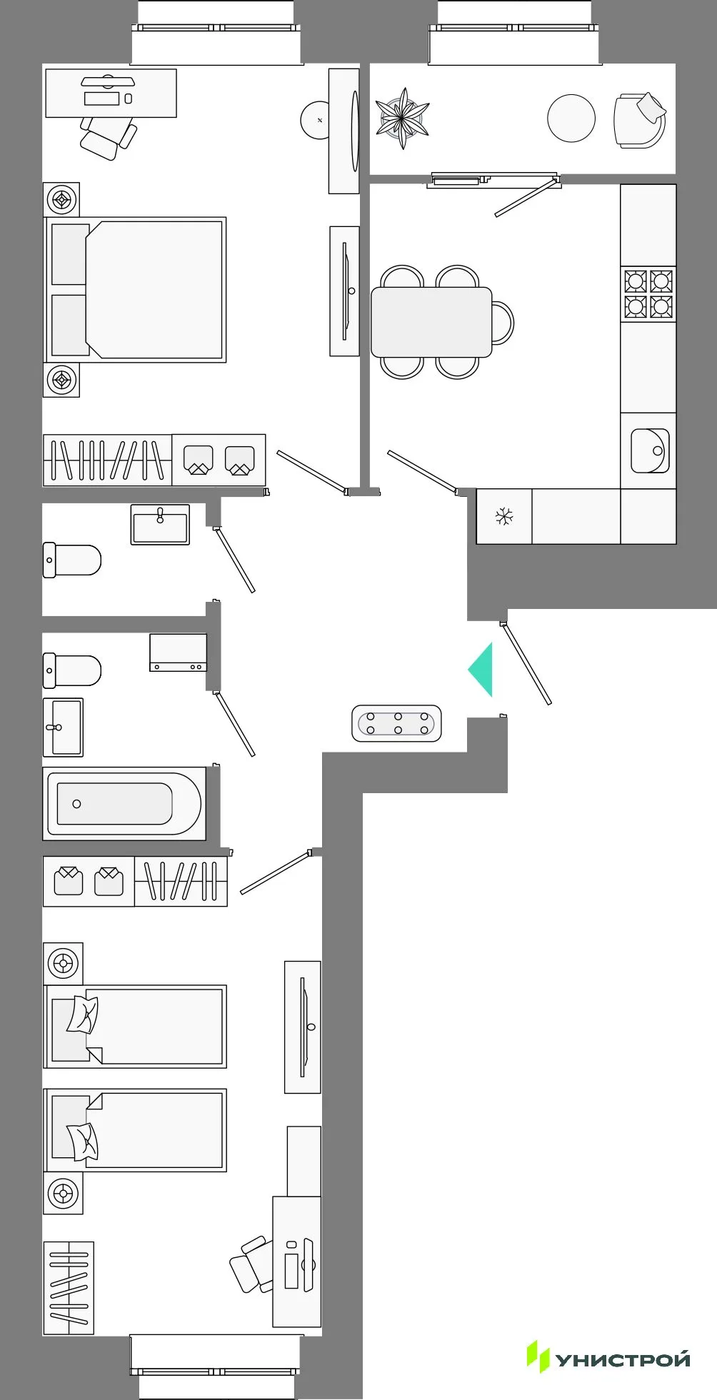 Планировка 2-комн. квартира, 58.07 м² ЖК «Лето»