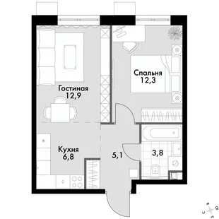 Квартира 2-комн. квартира, 40.9 м² ЖК «Флагман» Фото 1 Квартира 2-комн. квартира, 40.9 м² ЖК «Флагман» Фото 1