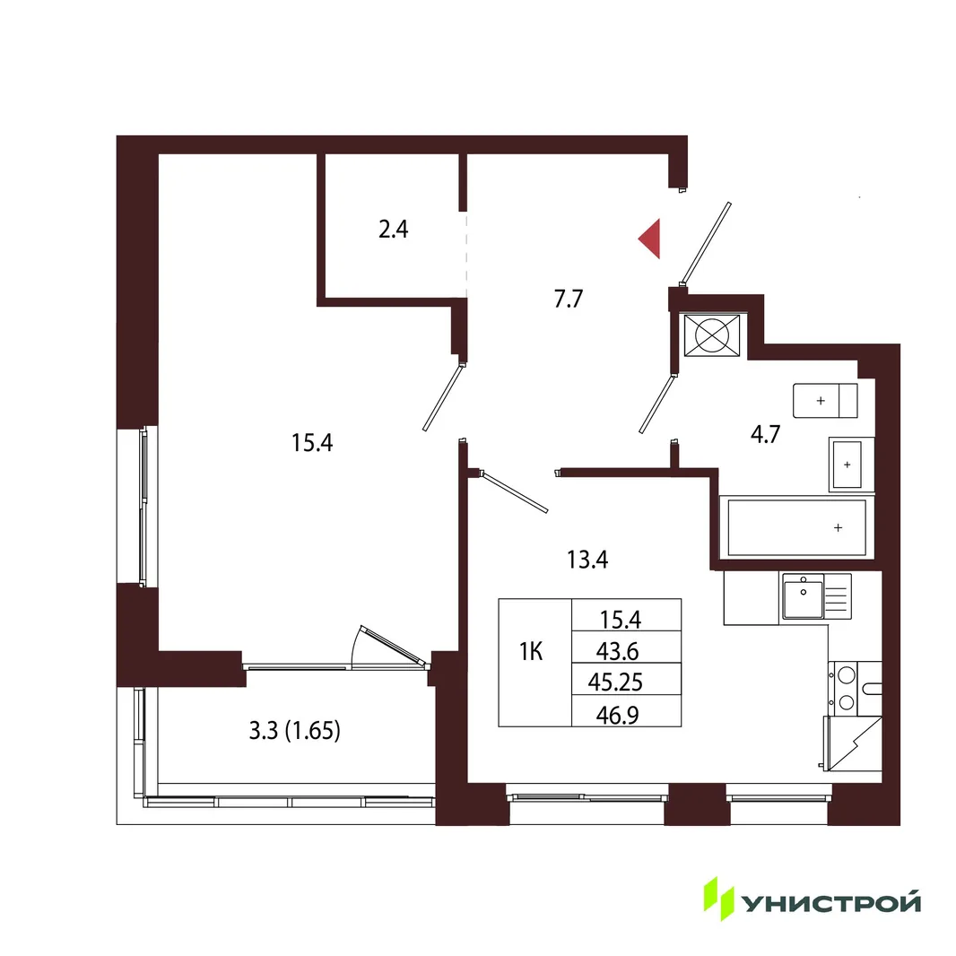 Планировка 1-комн. квартира, 45.25 м² ЖК «Лисино»