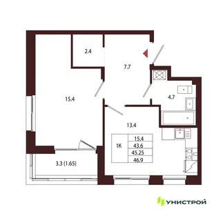 Планировка 1-комн. квартира, 45.25 м² ЖК «Лисино»