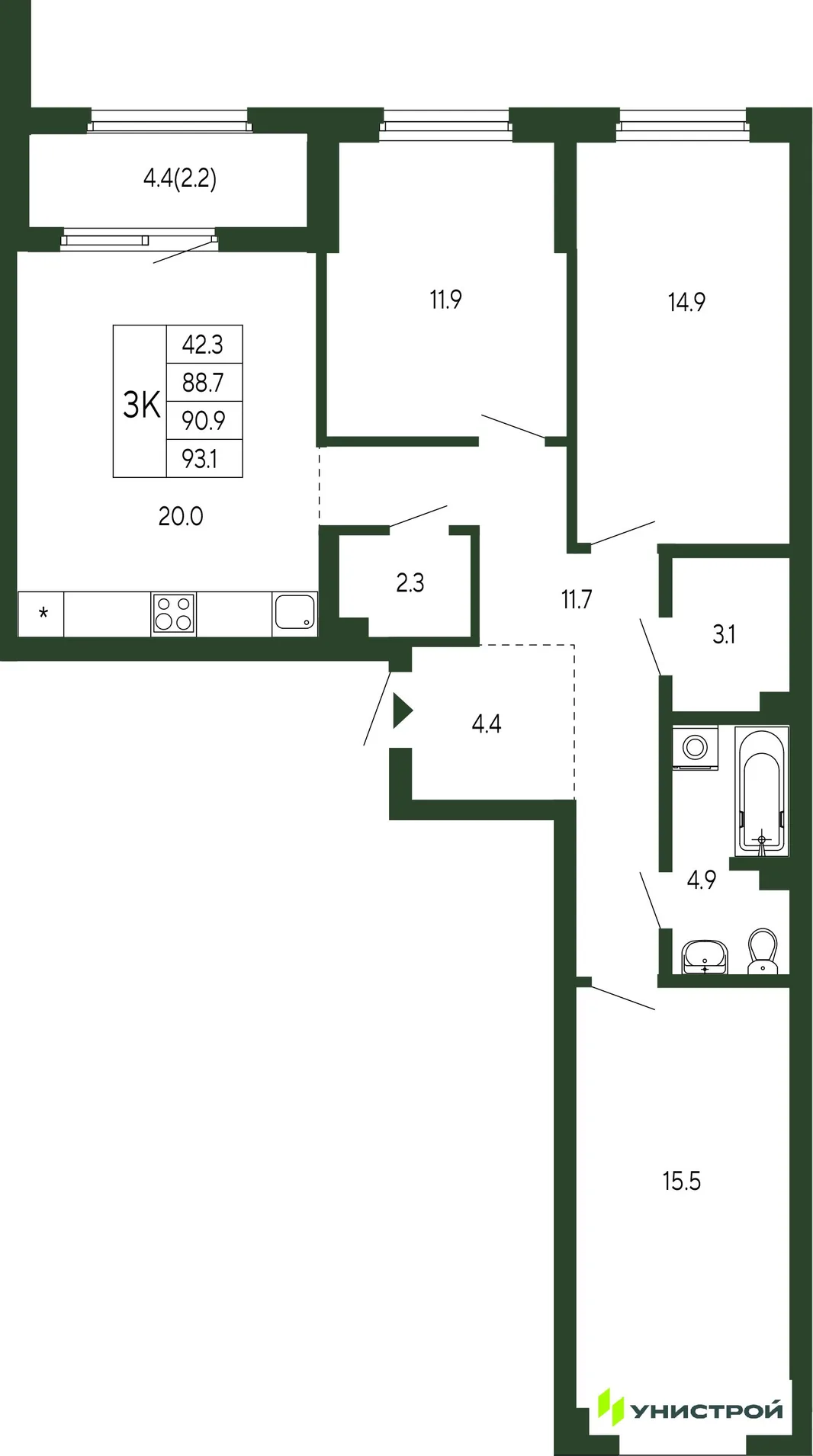 Планировка 3-комн. квартира, 90.9 м² ЖК «Парковый квартал 2.0»