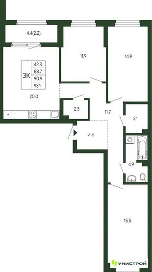 Планировка 3-комн. квартира, 90.9 м² ЖК «Парковый квартал 2.0»