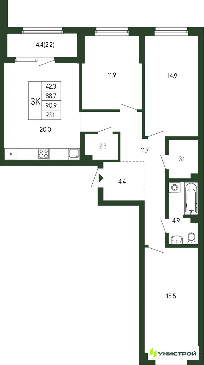 Планировка 3-комн. квартира, 90.9 м² ЖК «Парковый квартал 2.0» Планировка 3-комн. квартира, 90.9 м² ЖК «Парковый квартал 2.0»