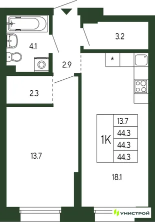 Планировка 1-комн. квартира, 44.3 м² ЖК «Парковый квартал 2.0»
