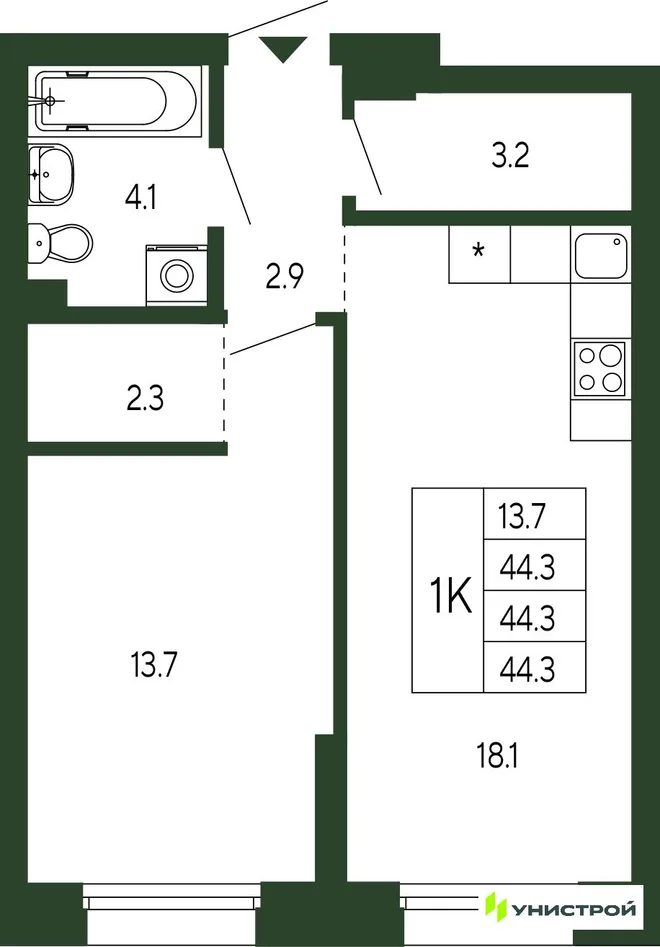 Планировка 1-комн. квартира, 44.3 м² ЖК «Парковый квартал 2.0» Планировка 1-комн. квартира, 44.3 м² ЖК «Парковый квартал 2.0»