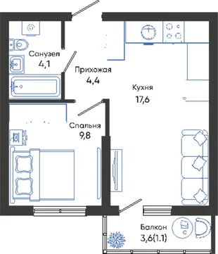 Планировка 1-комн. квартира, 37 м² ЖК «Облака»