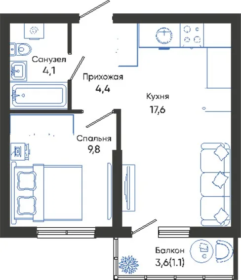 Планировка 1-комн. квартира, 37 м² ЖК «Облака»