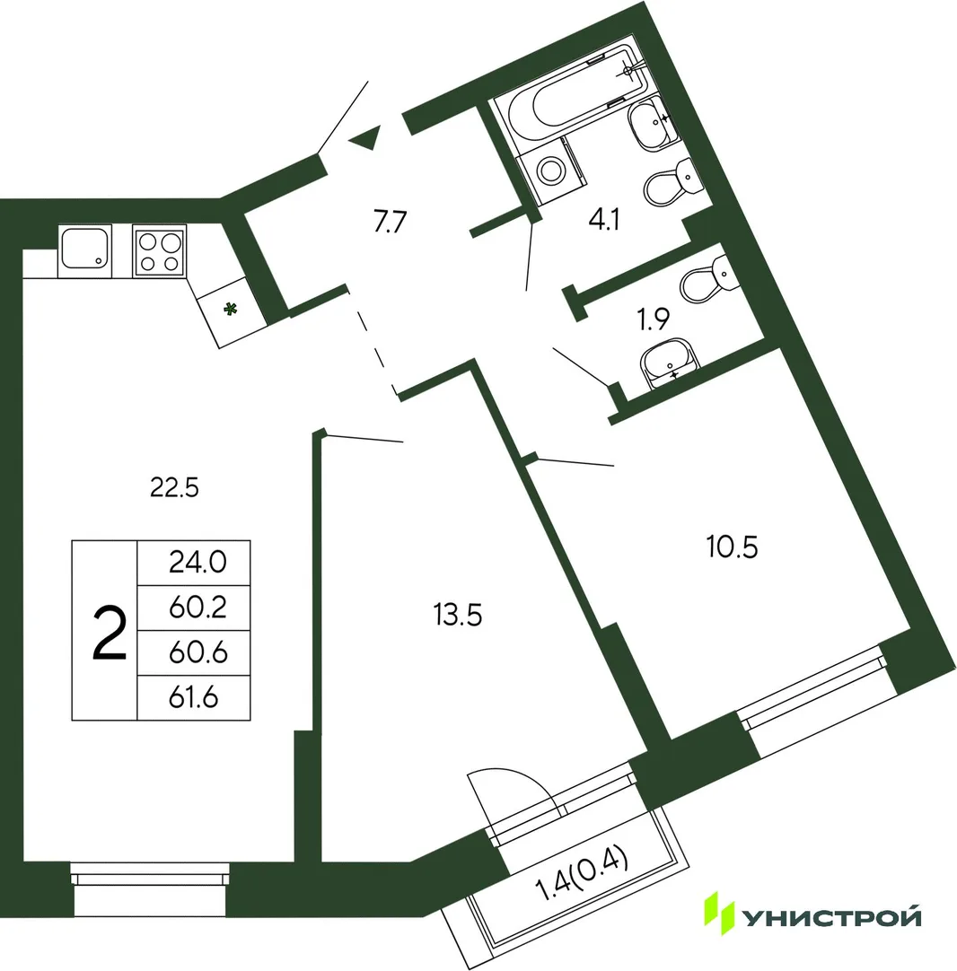 Планировка 2-комн. квартира, 60.6 м² ЖК «Парковый квартал 2.0»
