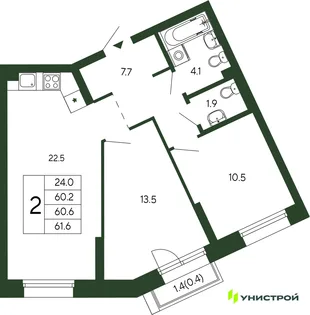 Планировка 2-комн. квартира, 60.6 м² ЖК «Парковый квартал 2.0»