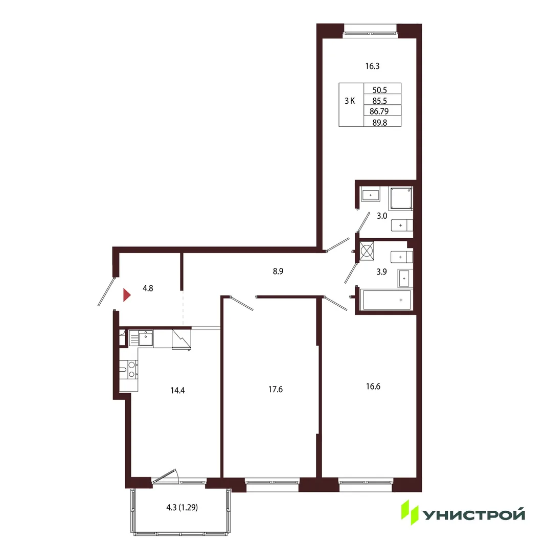 Планировка 3-комн. квартира, 86.79 м² ЖК «Лисино»