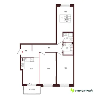 Планировка 3-комн. квартира, 86.79 м² ЖК «Лисино»