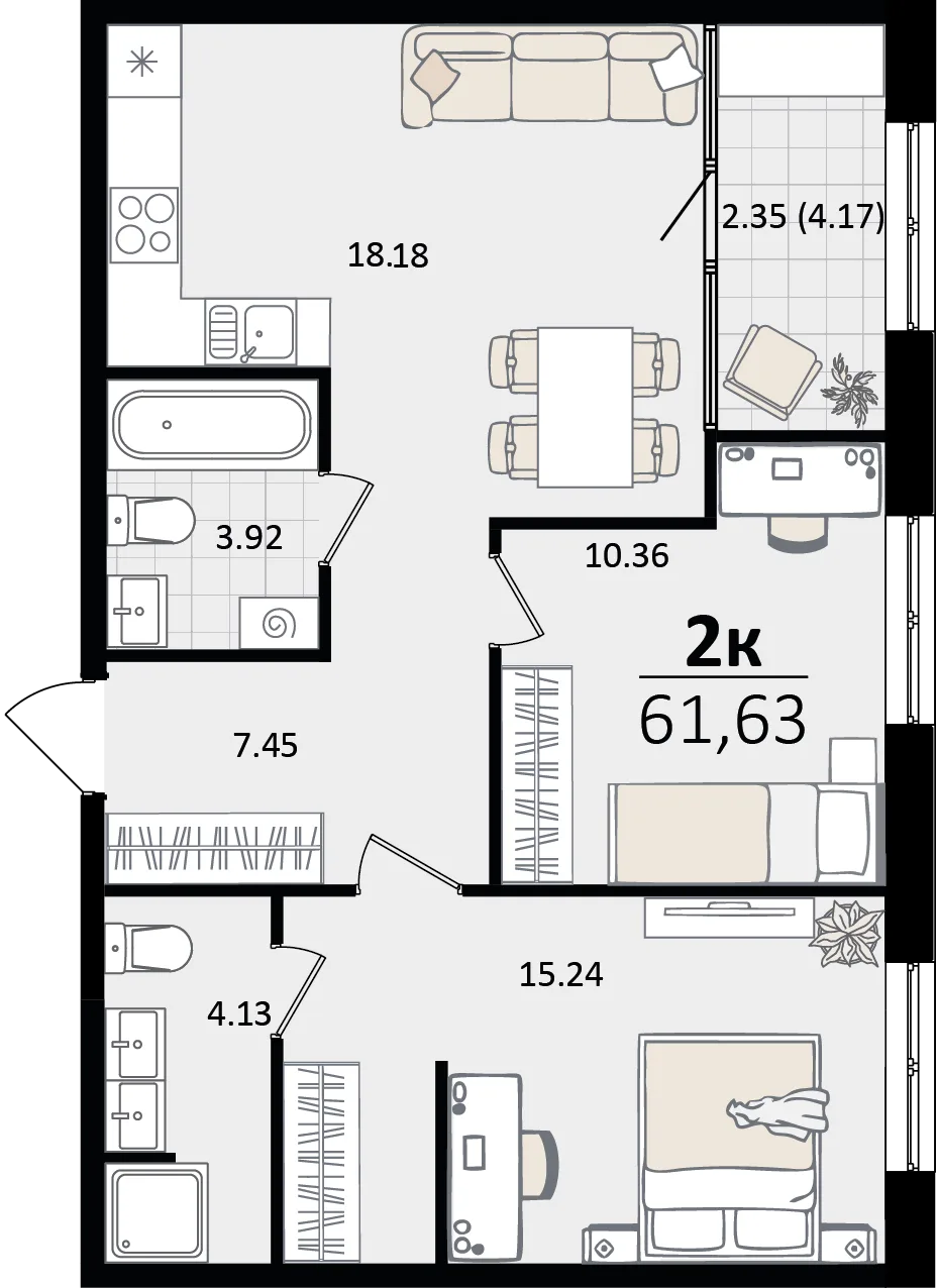 Планировка 2-комн. квартира, 61.63 м² ЖК «Патрики»