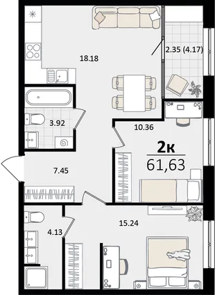 Планировка 2-комн. квартира, 61.63 м² ЖК «Патрики»