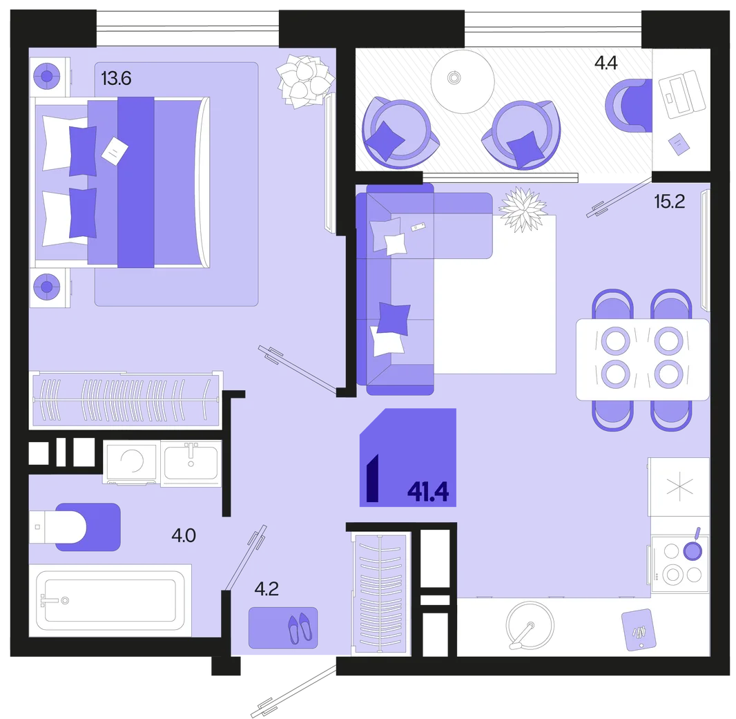 Планировка 1-комн. квартира, 41.4 м² ЖК «Первое место»
