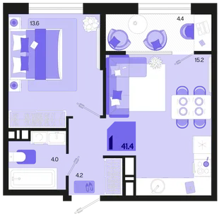 Планировка 1-комн. квартира, 41.4 м² ЖК «Первое место»