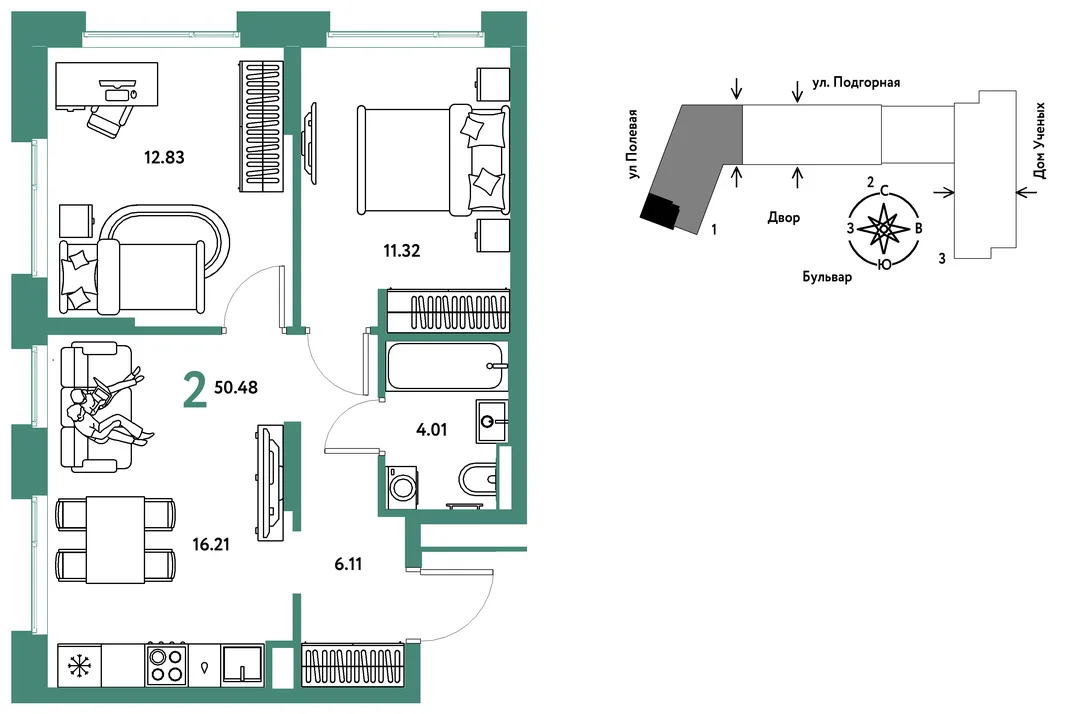 Планировка 2-комн. квартира, 50.57 м² ЖК «Авторский»