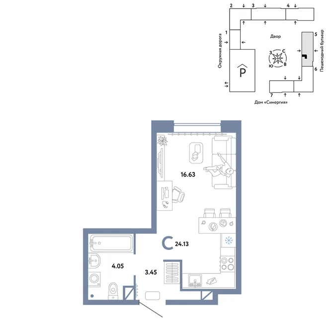 Планировка Студия, 24.13 м² ЖК «Юнион»