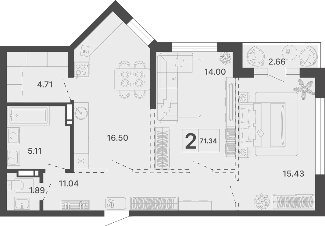 Планировка 2-комн. квартира, 71.34 м² ЖК «Светский лес»