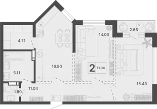 Планировка 2-комн. квартира, 71.34 м² ЖК «Светский лес»