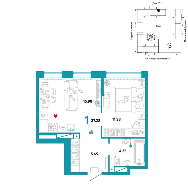 Планировка 1-комн. квартира, 37.28 м² ЖК «Юнион» Планировка 1-комн. квартира, 37.28 м² ЖК «Юнион»
