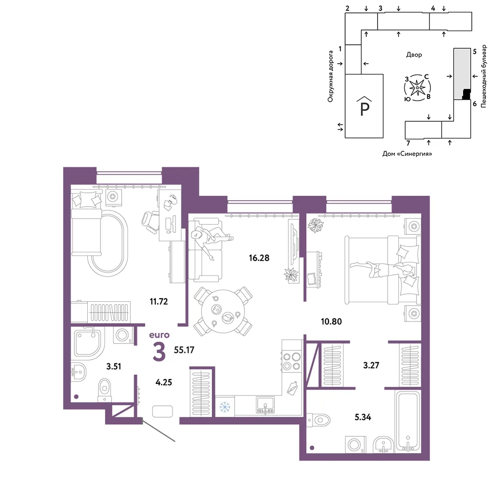 Планировка 3-комн. квартира, 55.17 м² ЖК «Юнион»