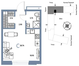 Планировка Студия, 28.74 м² ЖК «Микрорайон Домашний»
