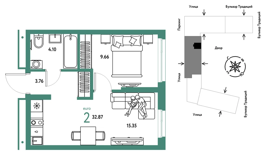 Планировка 2-комн. квартира, 32.87 м² ЖК «Микрорайон Домашний»
