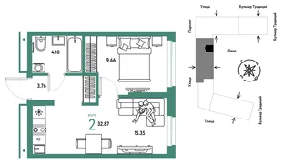 Планировка 2-комн. квартира, 32.87 м² ЖК «Микрорайон Домашний»