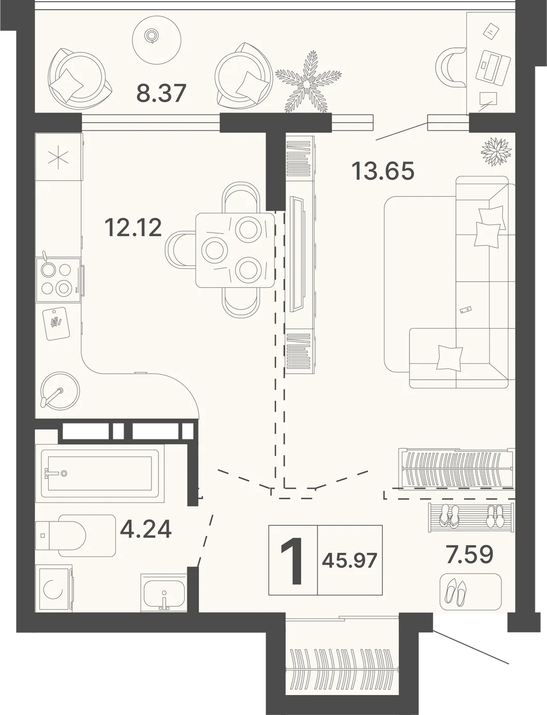 Планировка 1-комн. квартира, 45.97 м² ЖК «Светский лес»