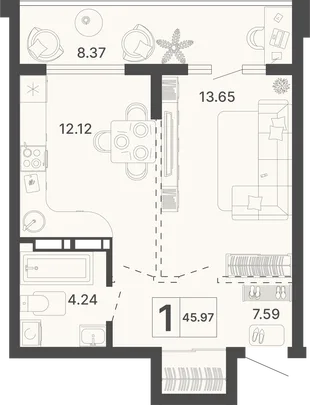 Планировка 1-комн. квартира, 45.97 м² ЖК «Светский лес»