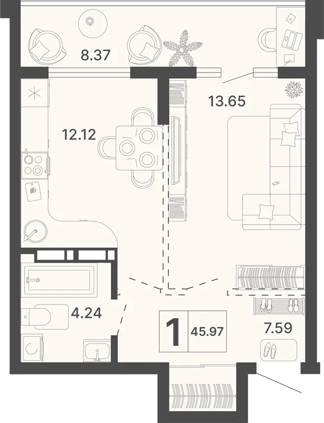 Планировка 1-комн. квартира, 45.97 м² ЖК «Светский лес»