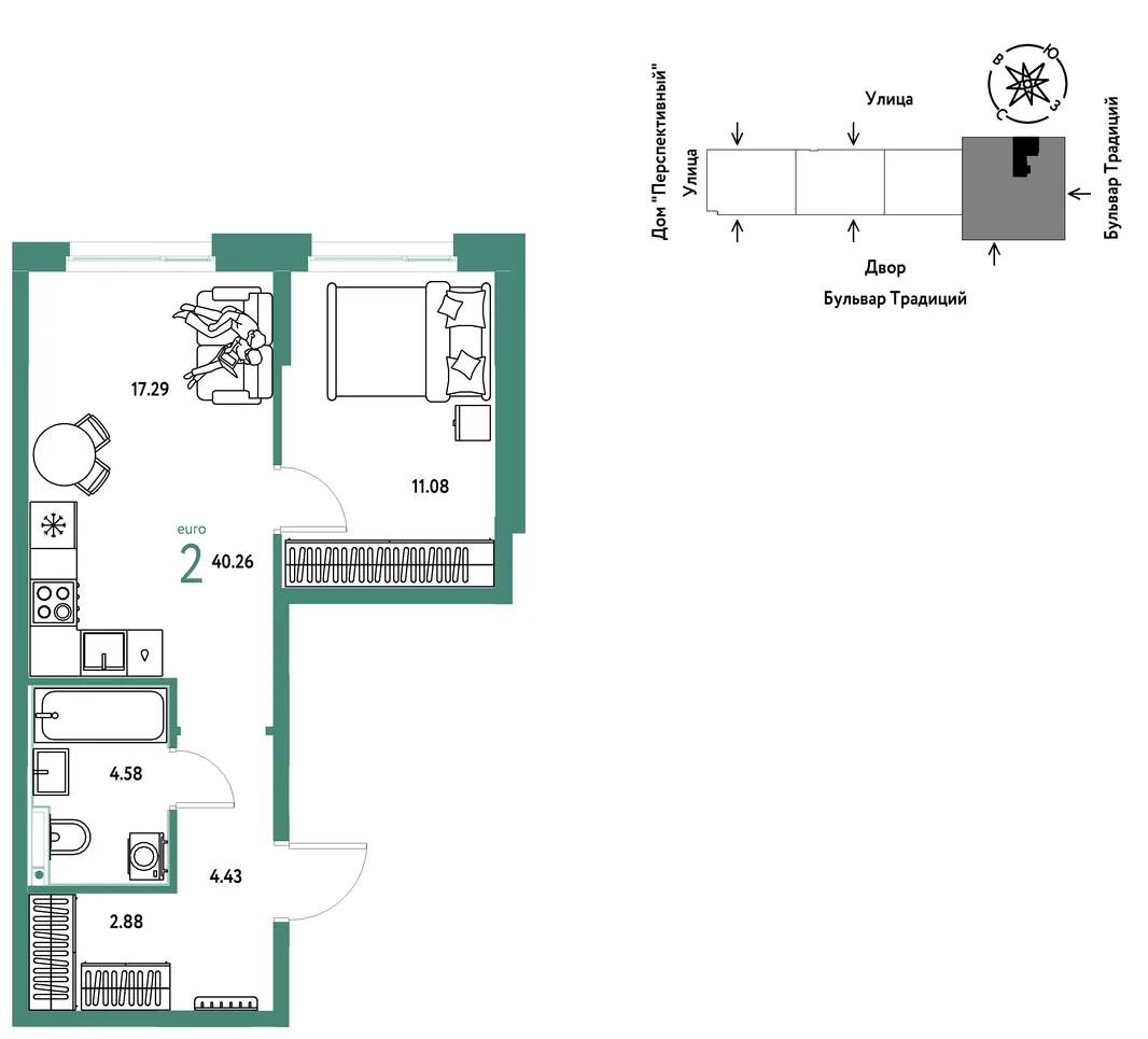 Планировка 2-комн. квартира, 40.26 м² ЖК «Микрорайон Домашний»