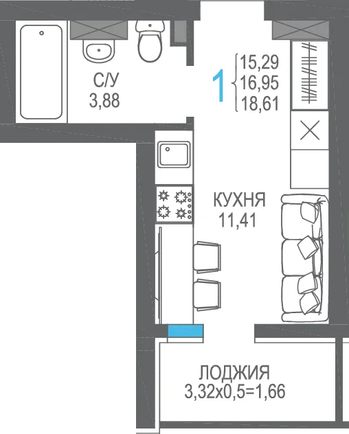 Планировка Студия, 16.95 м² ЖК «На Фонтанке»