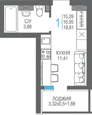 Планировка Студия, 16.95 м² ЖК «На Фонтанке»