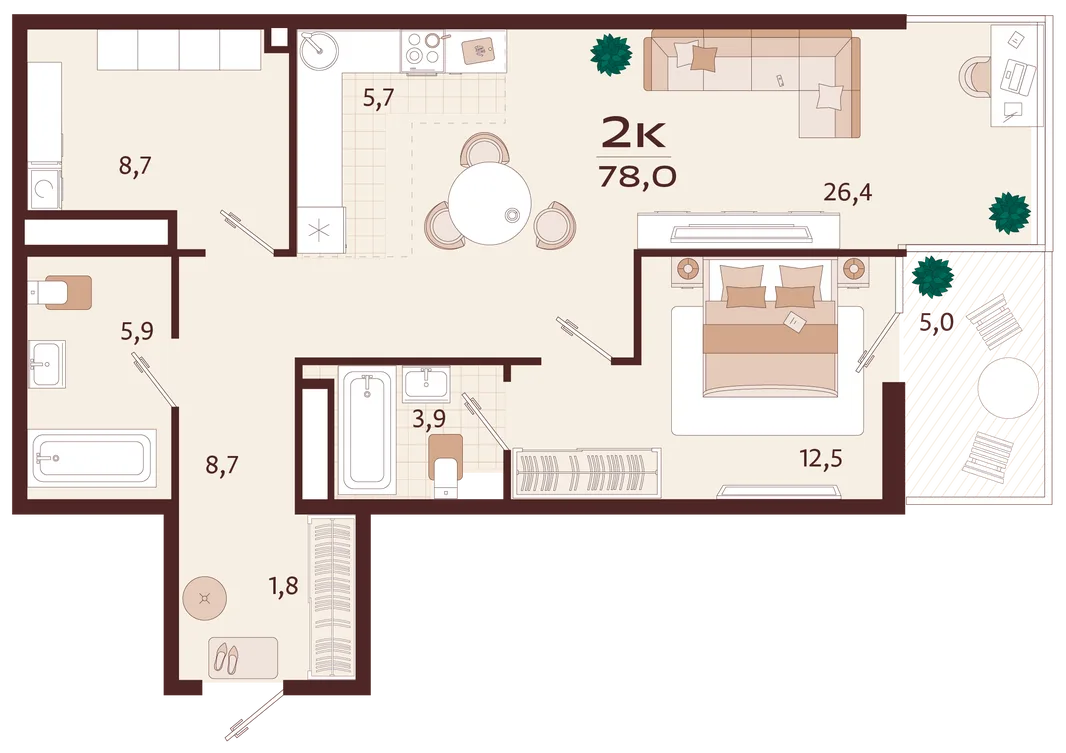 Планировка 2-комн. квартира, 78 м² ЖК «Роялта»