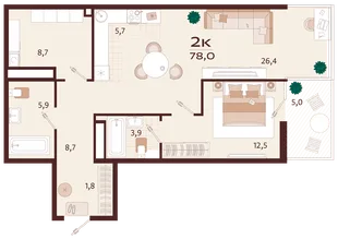 Планировка 2-комн. квартира, 78 м² ЖК «Роялта»