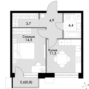 Квартира 1-комн. квартира, 39.6 м² ЖК «Флагман» Фото 1