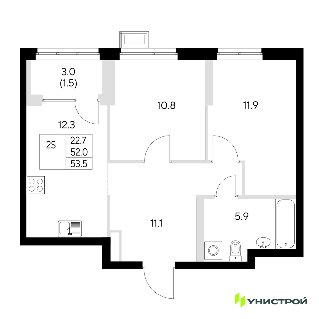 Планировка 2-комн. квартира, 53.5 м² ЖК «Стадиум»